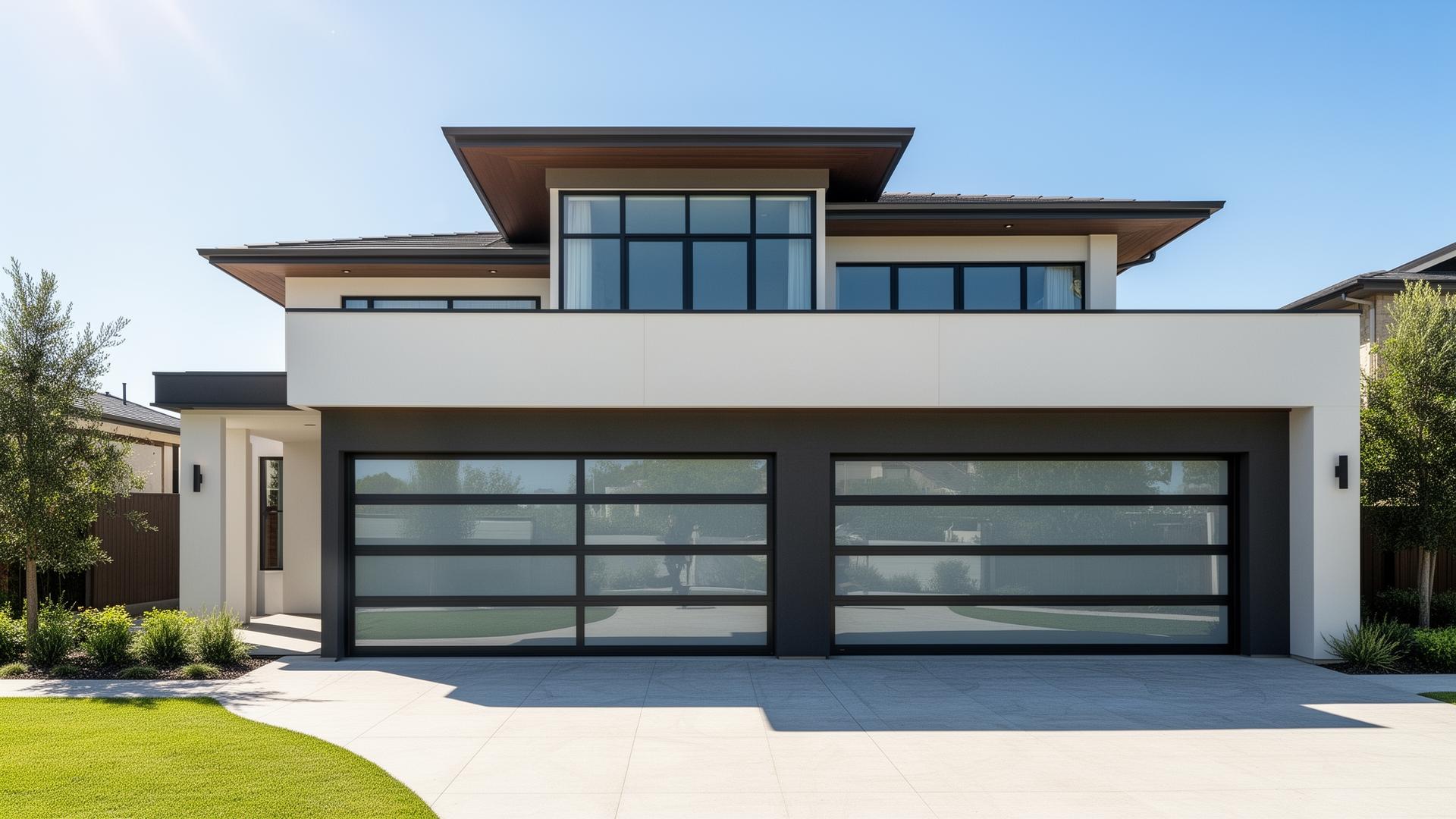 Modern contemporary home with aluminum glass panel garage doors in Pine Level NC